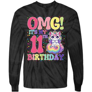 Birthday Girl 11 Years Old Cat Unicorn 11th Birthday Tie-Dye Long Sleeve Shirt