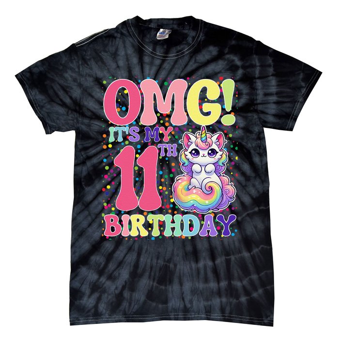 Birthday Girl 11 Years Old Cat Unicorn 11th Birthday Tie-Dye T-Shirt