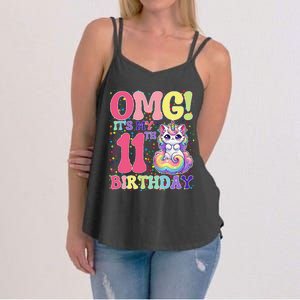 Birthday Girl 11 Years Old Cat Unicorn 11th Birthday Women's Strappy Tank