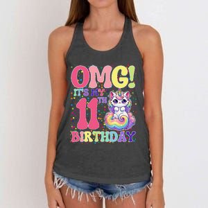 Birthday Girl 11 Years Old Cat Unicorn 11th Birthday Women's Knotted Racerback Tank