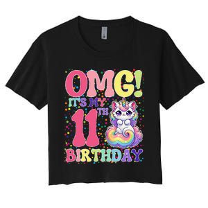 Birthday Girl 11 Years Old Cat Unicorn 11th Birthday Women's Crop Top Tee