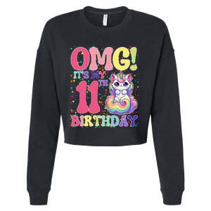 Birthday Girl 11 Years Old Cat Unicorn 11th Birthday Cropped Pullover Crew