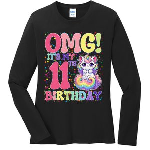 Birthday Girl 11 Years Old Cat Unicorn 11th Birthday Ladies Long Sleeve Shirt