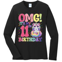 Birthday Girl 11 Years Old Cat Unicorn 11th Birthday Ladies Long Sleeve Shirt