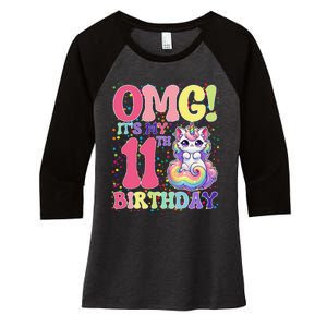 Birthday Girl 11 Years Old Cat Unicorn 11th Birthday Women's Tri-Blend 3/4-Sleeve Raglan Shirt