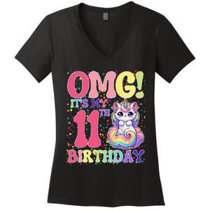 Birthday Girl 11 Years Old Cat Unicorn 11th Birthday Women's V-Neck T-Shirt