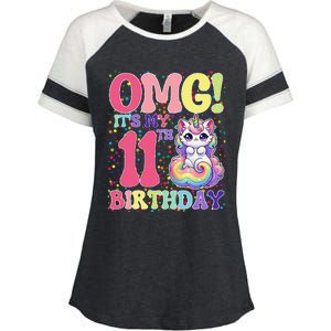 Birthday Girl 11 Years Old Cat Unicorn 11th Birthday Enza Ladies Jersey Colorblock Tee