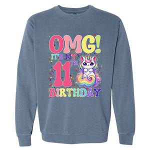 Birthday Girl 11 Years Old Cat Unicorn 11th Birthday Garment-Dyed Sweatshirt