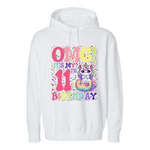 Birthday Girl 11 Years Old Cat Unicorn 11th Birthday Garment-Dyed Fleece Hoodie