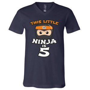 Boy Girl 5th Birthday This Little Ninja Is 5 Years Old Bday V-Neck T-Shirt