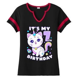 Birthday girl 7 years old cat unicorn 7th birthday Ladies Halftime Notch Neck Tee