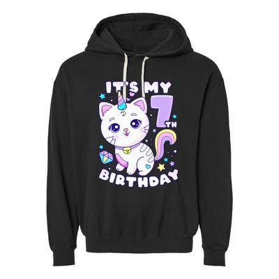 Birthday girl 7 years old cat unicorn 7th birthday Garment-Dyed Fleece Hoodie