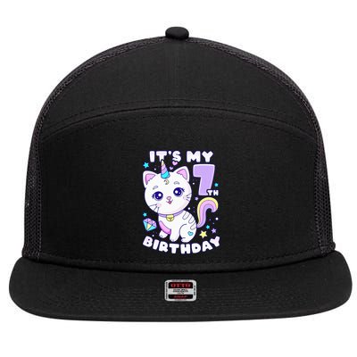 Birthday girl 7 years old cat unicorn 7th birthday 7 Panel Mesh Trucker Snapback Hat