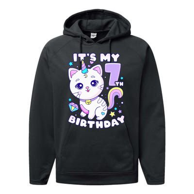 Birthday girl 7 years old cat unicorn 7th birthday Performance Fleece Hoodie