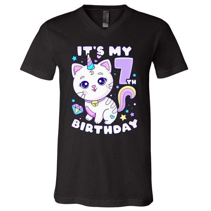 Birthday girl 7 years old cat unicorn 7th birthday V-Neck T-Shirt