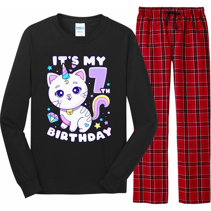 Birthday girl 7 years old cat unicorn 7th birthday Long Sleeve Pajama Set