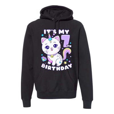 Birthday girl 7 years old cat unicorn 7th birthday Premium Hoodie