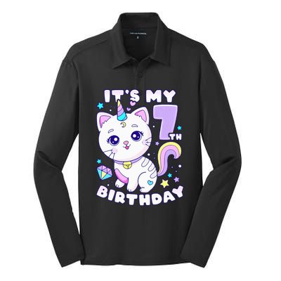 Birthday girl 7 years old cat unicorn 7th birthday Silk Touch Performance Long Sleeve Polo