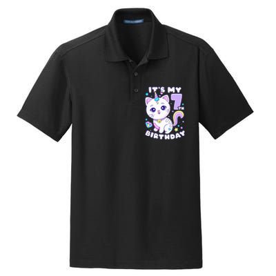 Birthday girl 7 years old cat unicorn 7th birthday Dry Zone Grid Polo