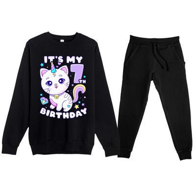 Birthday girl 7 years old cat unicorn 7th birthday Premium Crewneck Sweatsuit Set