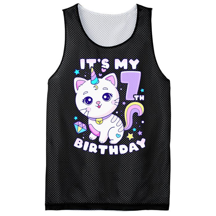 Birthday girl 7 years old cat unicorn 7th birthday Mesh Reversible Basketball Jersey Tank