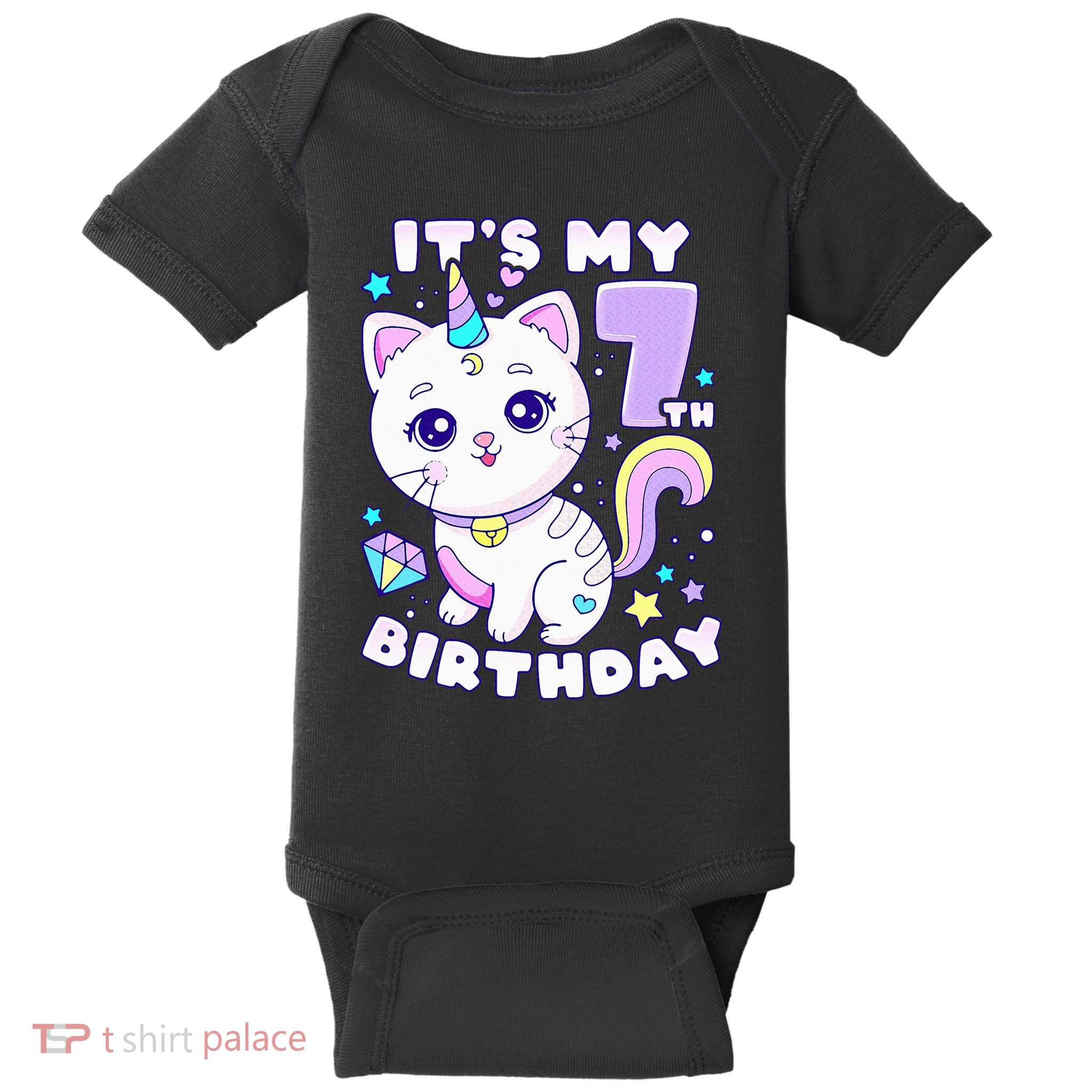 Birthday girl 7 years old cat unicorn 7th birthday Baby Bodysuit