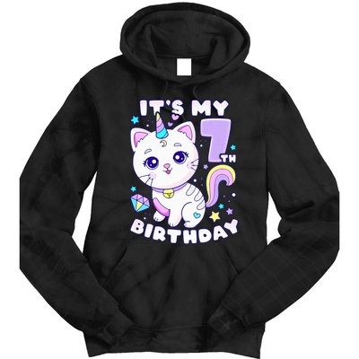 Birthday girl 7 years old cat unicorn 7th birthday Tie Dye Hoodie