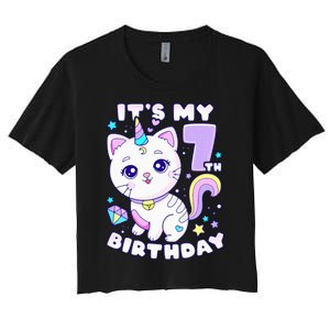 Birthday girl 7 years old cat unicorn 7th birthday Women's Crop Top Tee