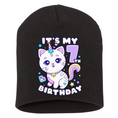 Birthday girl 7 years old cat unicorn 7th birthday Short Acrylic Beanie