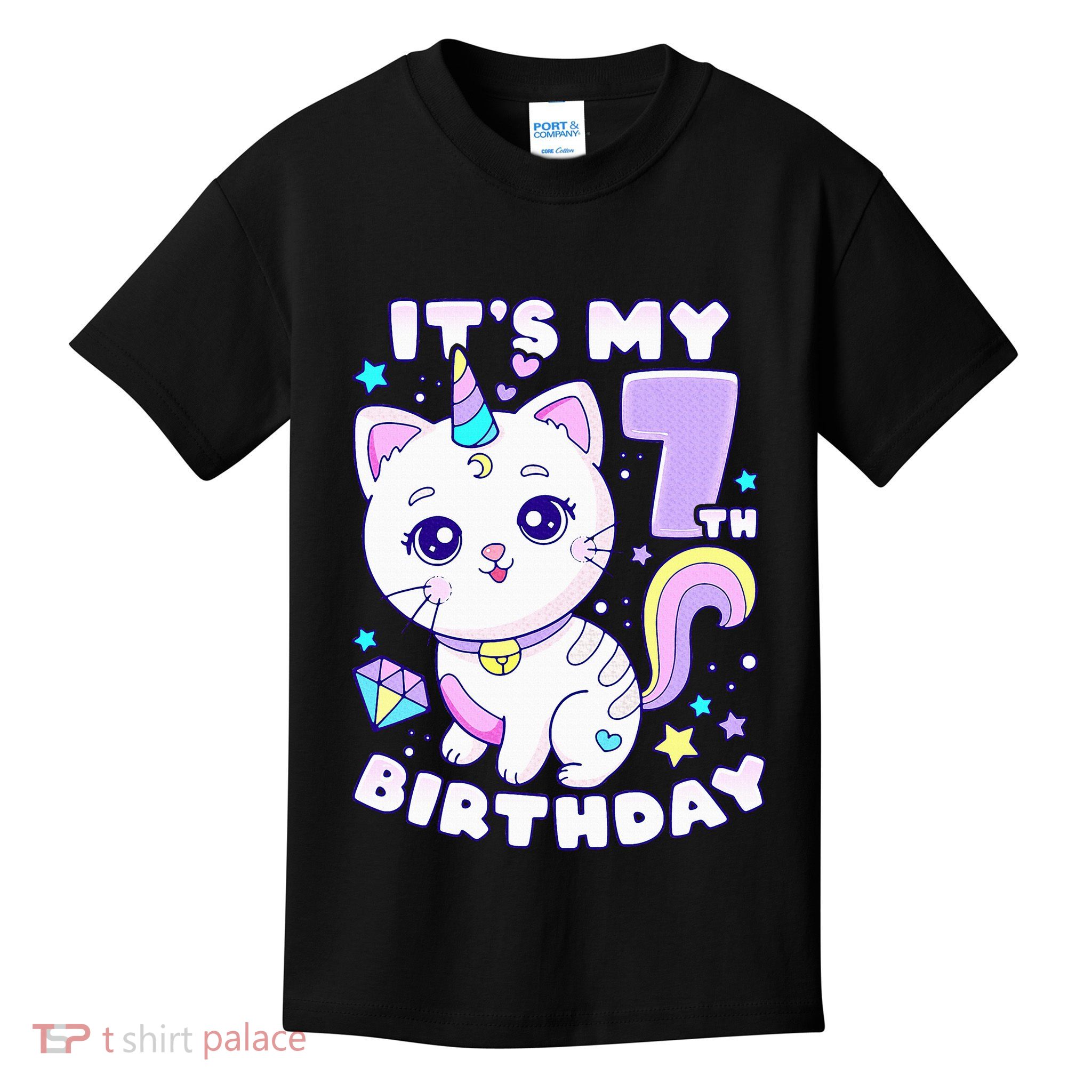 Birthday girl 7 years old cat unicorn 7th birthday Kids T-Shirt
