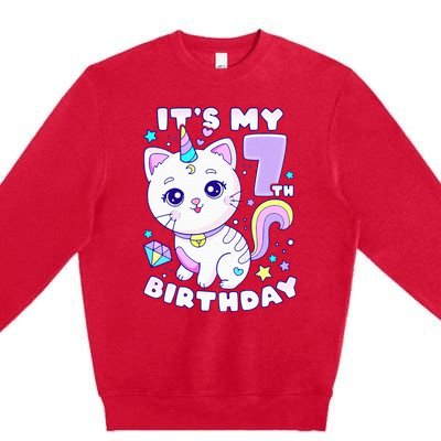 Birthday girl 7 years old cat unicorn 7th birthday Premium Crewneck Sweatshirt