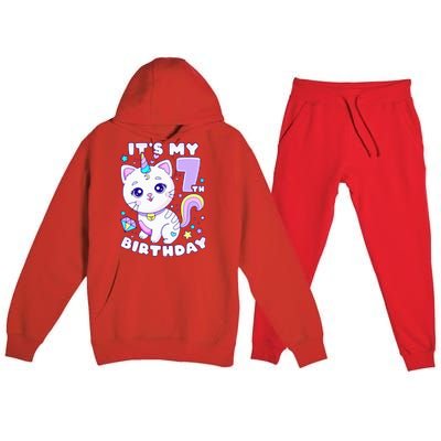 Birthday girl 7 years old cat unicorn 7th birthday Premium Hooded Sweatsuit Set