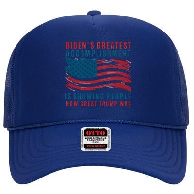 Bidens Greatest Accomplisht Retro Vintage Pro Trump Gift High Crown Mesh Back Trucker Hat