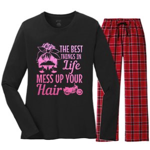 Biker Girl Best Things In Life Mess Up You Hair Motorcycle Women's Long Sleeve Flannel Pajama Set 