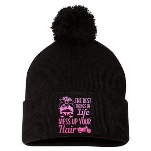 Biker Girl Best Things In Life Mess Up You Hair Motorcycle Pom Pom 12in Knit Beanie