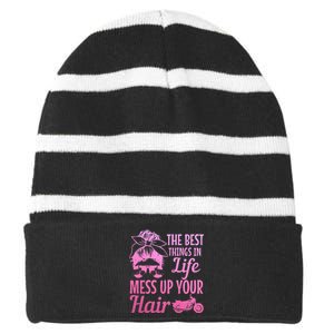 Biker Girl Best Things In Life Mess Up You Hair Motorcycle Striped Beanie with Solid Band