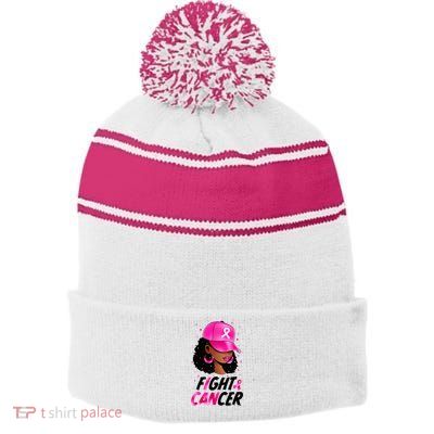 Black Girl Black Woman Breast Cancer Awareness Pink Ribbon Stripe Pom Pom Beanie