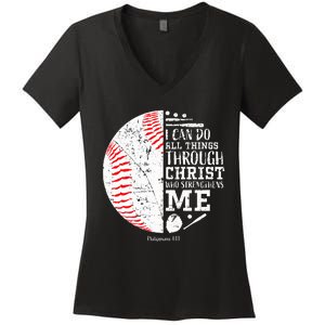 Baseball Gifts Bible Verse Sayings Philippians 413  Women's V-Neck T-Shirt