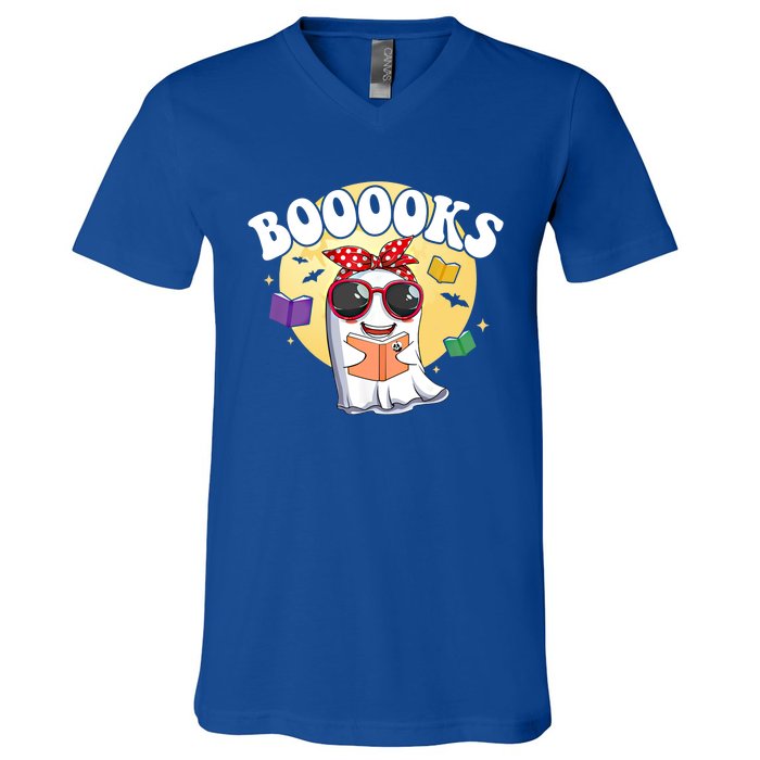 Booooks Ghost Boo Read Books Library Funny Halloween Gift V-Neck T-Shirt