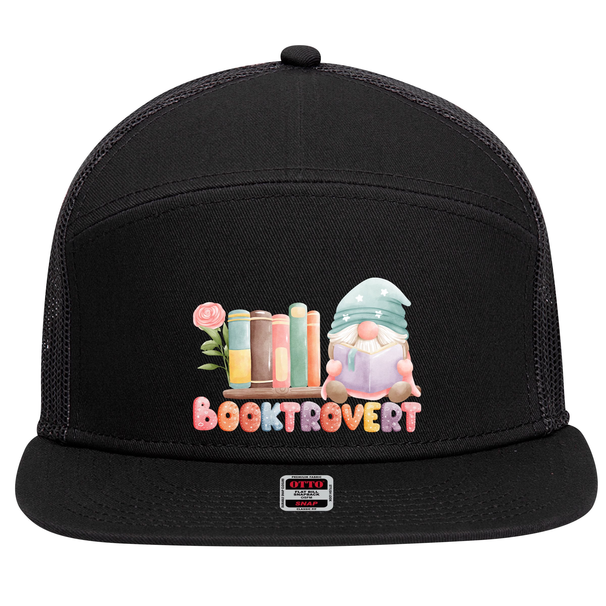 Booktrovert Gnome Book Lovers Gnome Reading A Book Cute 7 Panel Mesh Trucker Snapback Hat