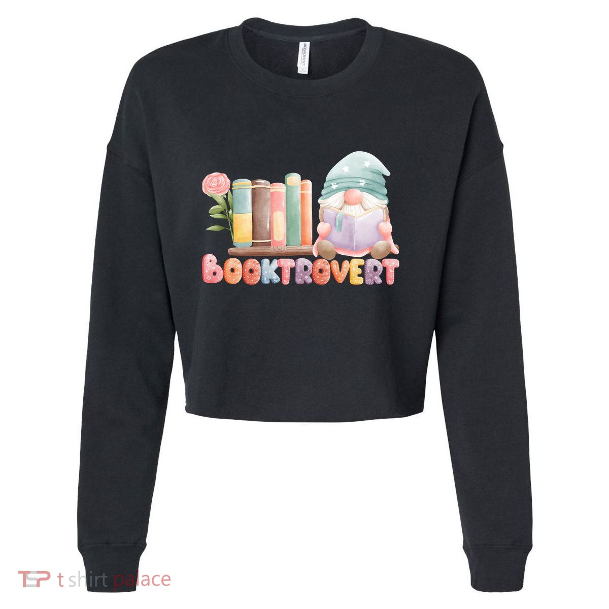 Booktrovert Gnome Book Lovers Gnome Reading A Book Cute Cropped Pullover Crew