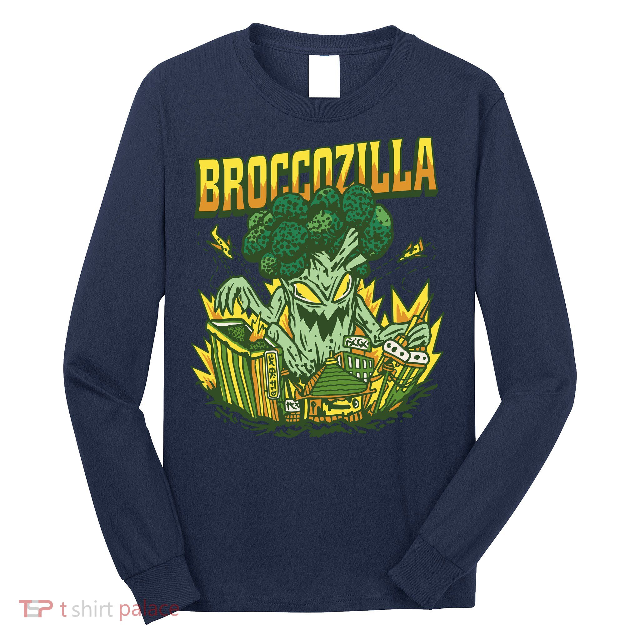 Broccozilla Giant Broccoli Attacking City Long Sleeve Shirt