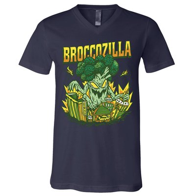 Broccozilla Giant Broccoli Attacking City V-Neck T-Shirt