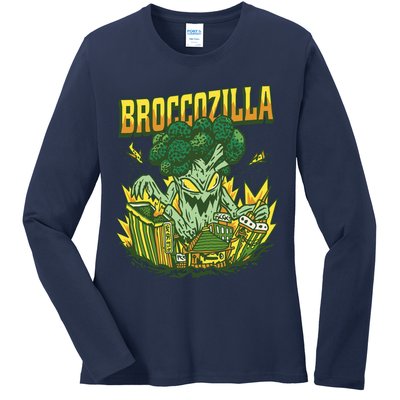 Broccozilla Giant Broccoli Attacking City Ladies Long Sleeve Shirt