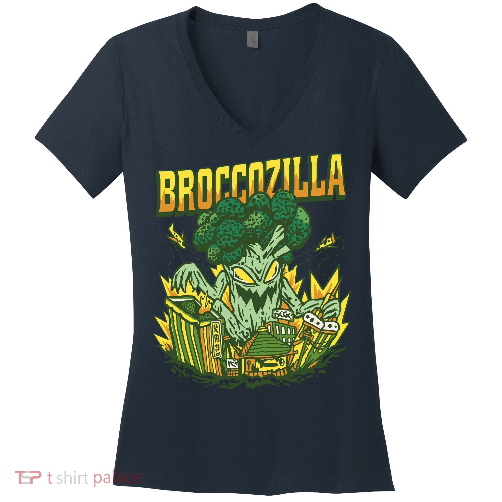 Broccozilla Giant Broccoli Attacking City Women's V-Neck T-Shirt