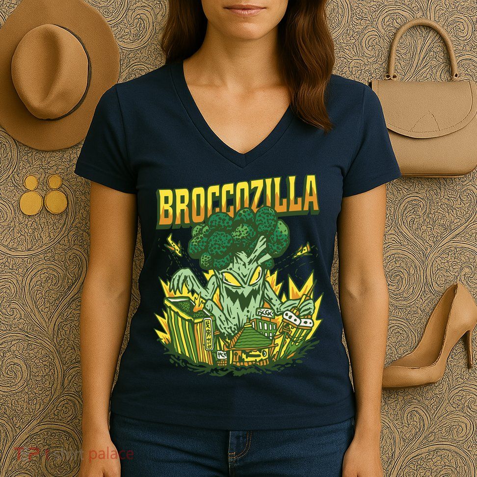 Broccozilla Giant Broccoli Attacking City Women's V-Neck T-Shirt