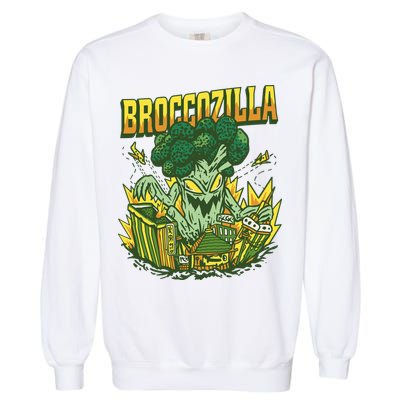 Broccozilla Giant Broccoli Attacking City Garment-Dyed Sweatshirt