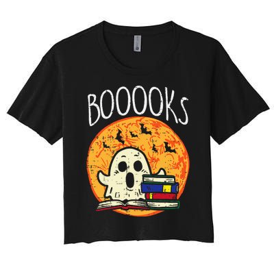 Books Ghost Boooks Halloween Reading Librarian Teacher Book Women's Crop Top Tee