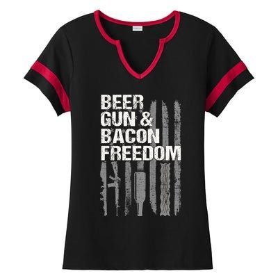 Beer Guns Bacon & Freedom Patriotic Veteran Flag Ladies Halftime Notch Neck Tee