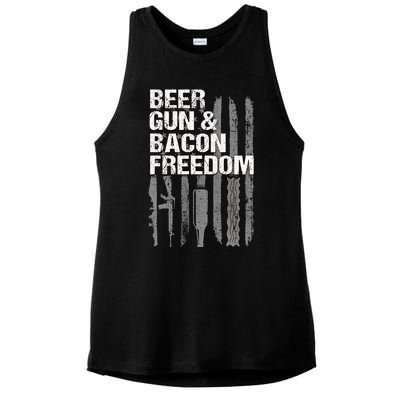 Beer Guns Bacon & Freedom Patriotic Veteran Flag Ladies PosiCharge Tri-Blend Wicking Tank